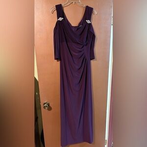 R&M Richards eggplant size 12 cold shoulder gown with rhinestone clips